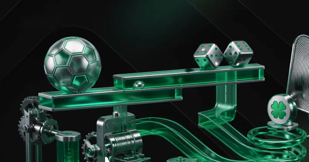 Soft2Bet sports and gaming visual with football, dice and green mechanical elements